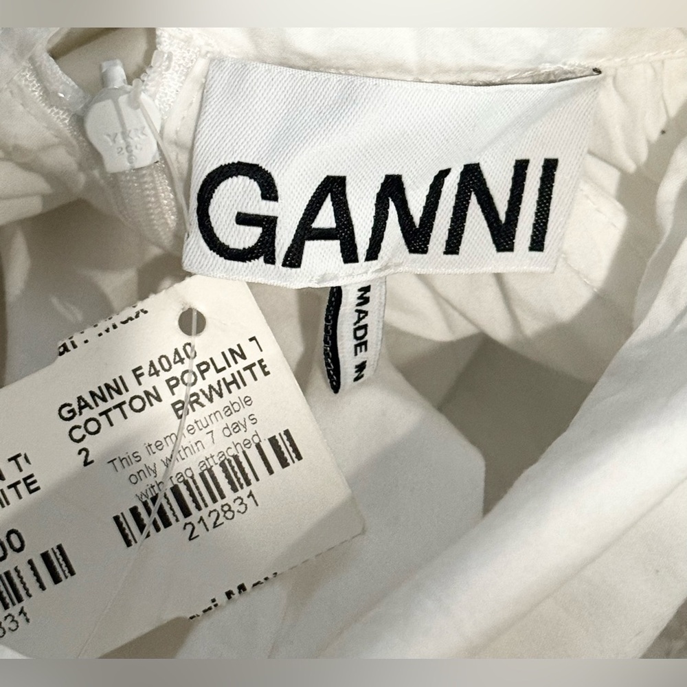 NWT GANNI High Neck White Cotton Crisp Boxy Poplin Bow Blouse Size 34 / XS - Picture 6 of 8